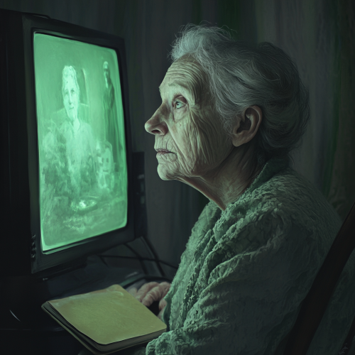 Elderly woman with green monitor reflection\n Elderly woman with green monitor reflection\n